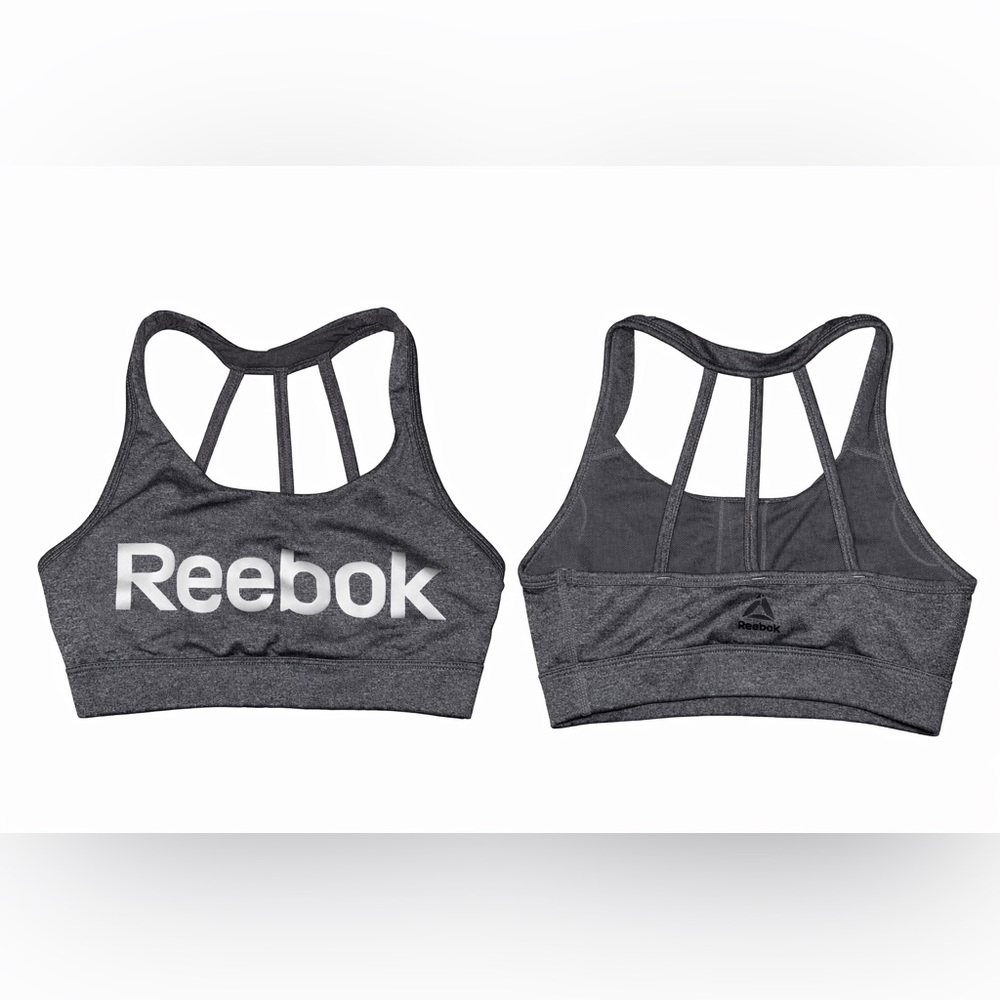 Reebok charcoal gray logo sports bra womens razorback athletic workout bra XS